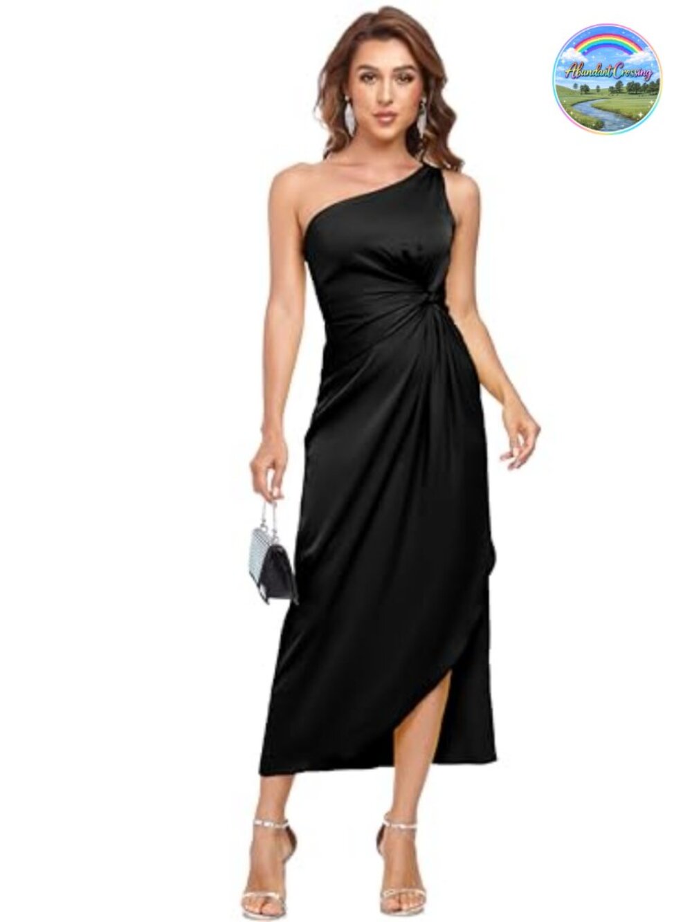 One Shoulder Backless Twist Front Satin Midi Cocktail Dress